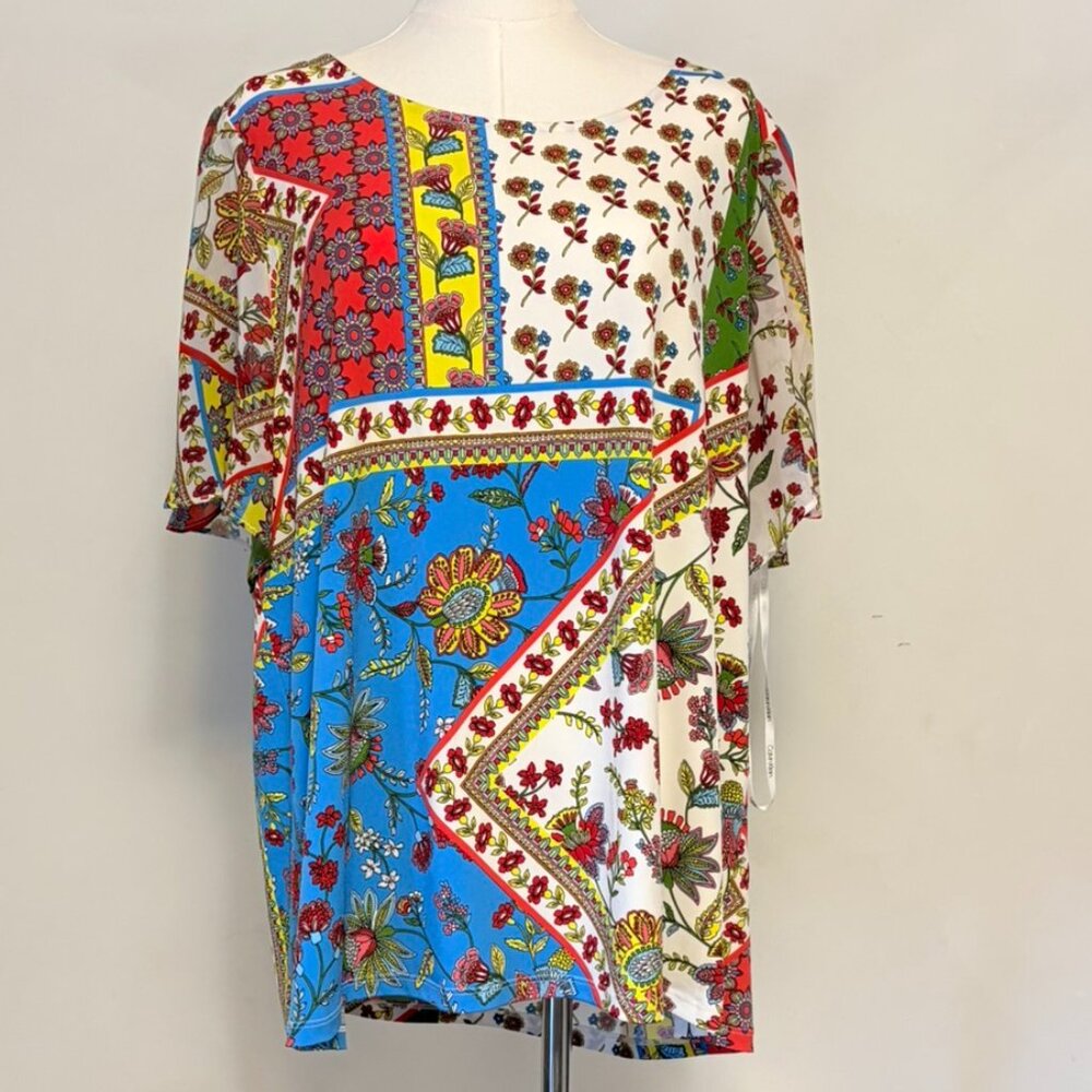 Calvin Klein Womens Sz Xl Retro 90s multi-colored floral patchwork Boat Neck Top